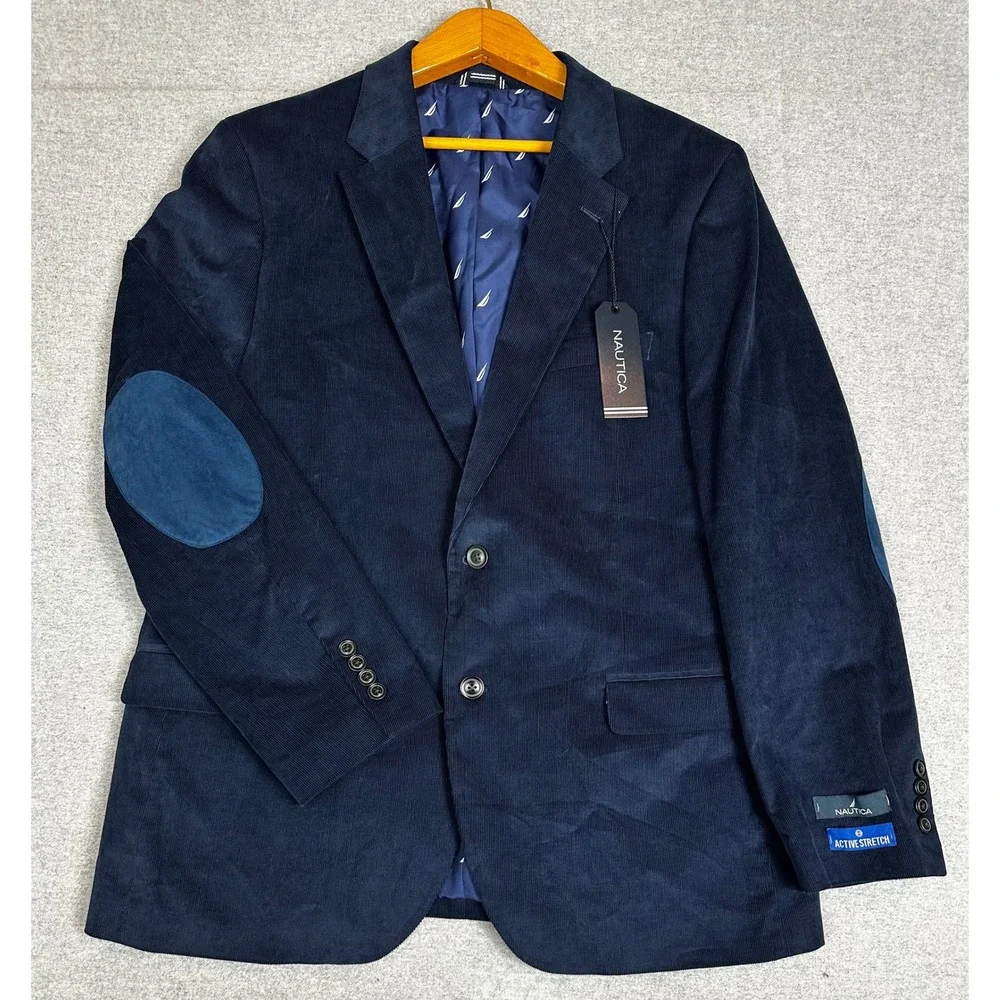 NWT Nautica Blazer 44R Modern Fit Navy Corduroy Elbow Patch Active Stretch